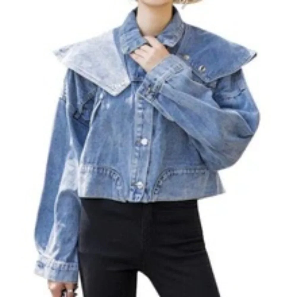Bold Bib Collar Blue Jean Jacket – Trendy Cropped Cut - Picture 10 of 15